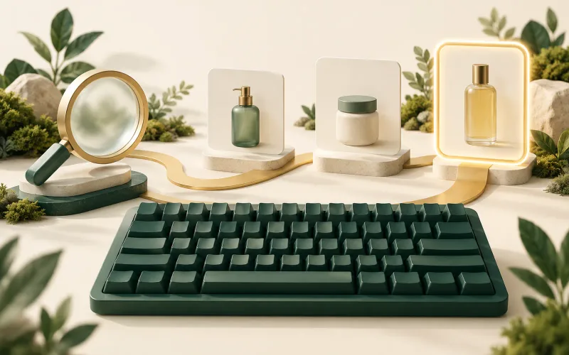 A green keyboard and gold path connecting product cards, with one card outlined to represent keyboard focus