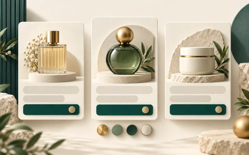 Three cream product cards with unbranded bottles, separate green action areas and circular variant tokens