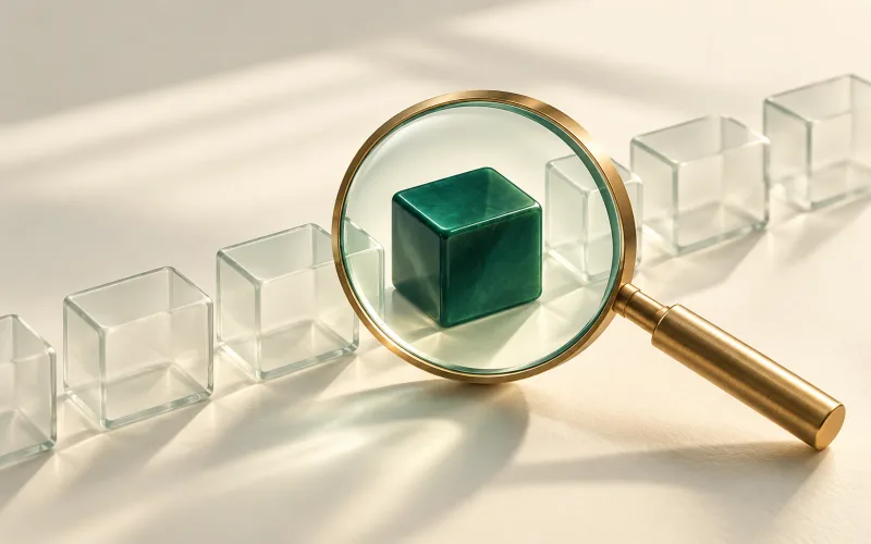 A brass magnifying glass revealing one green block among transparent search tiles
