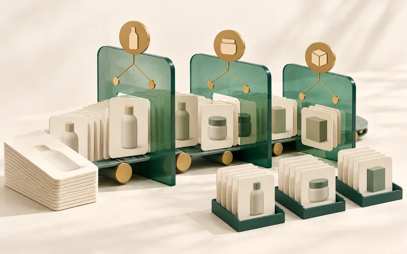 Illustrated product cards sorted through green screens into smaller groups