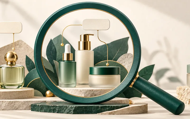 Green magnifying glass connecting blank speech tiles to matching beauty products
