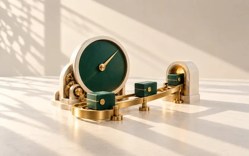 Ivory clockwork driving green task blocks along a brass track