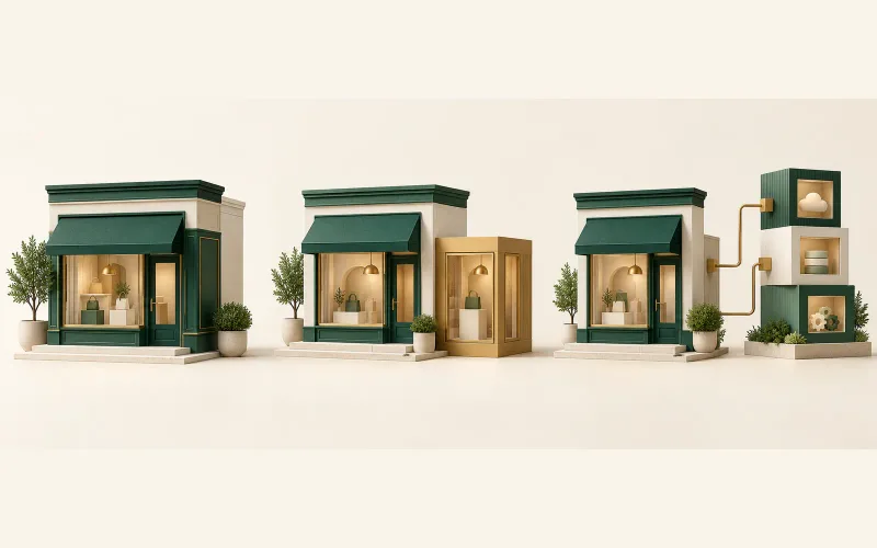 Three miniature storefronts showing an integrated building, an added extension and connected separate service blocks
