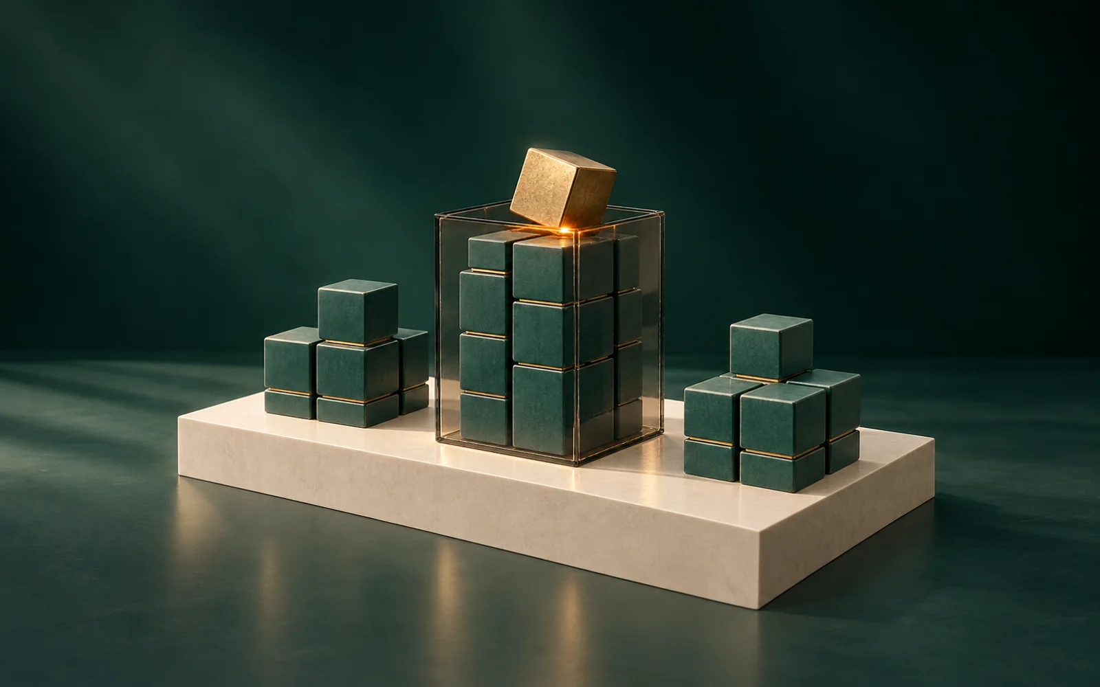 A full glass container of green blocks with an extra gold block above its capacity