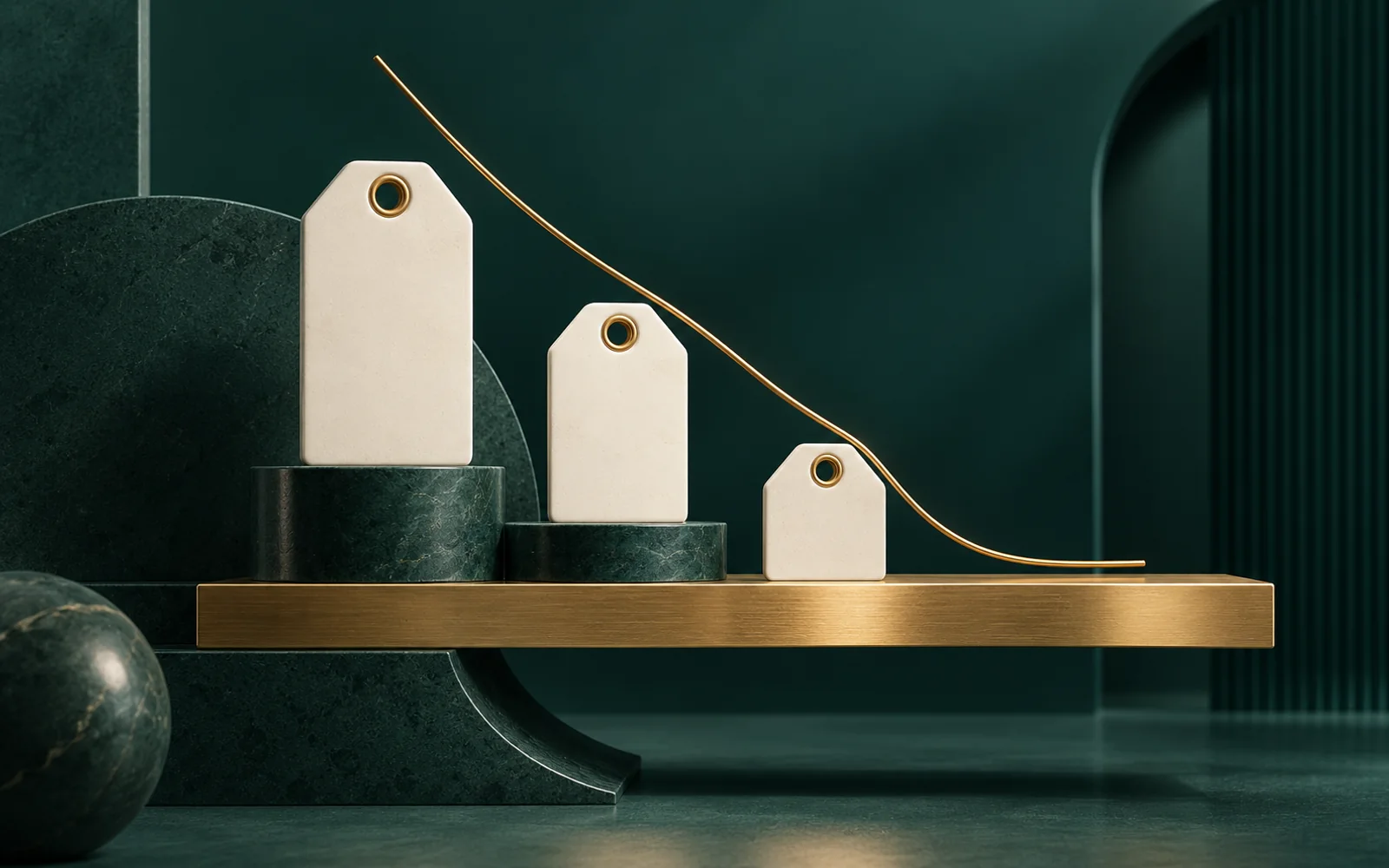 Descending ceramic price tags supported by a protective brass floor