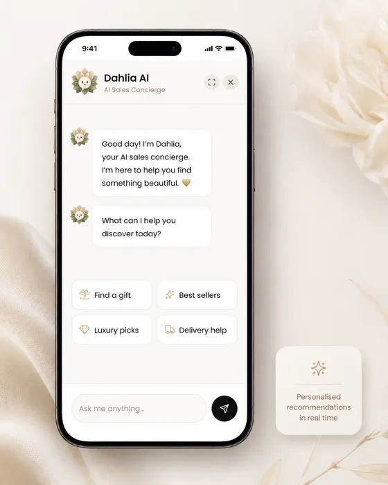 Dahlia AI chat screen asking shoppers what they want to discover