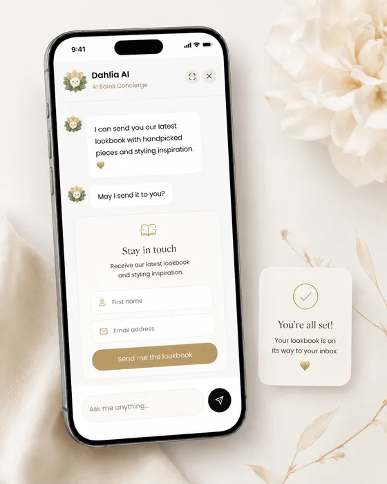 Dahlia AI lead capture form inside a mobile chat interface