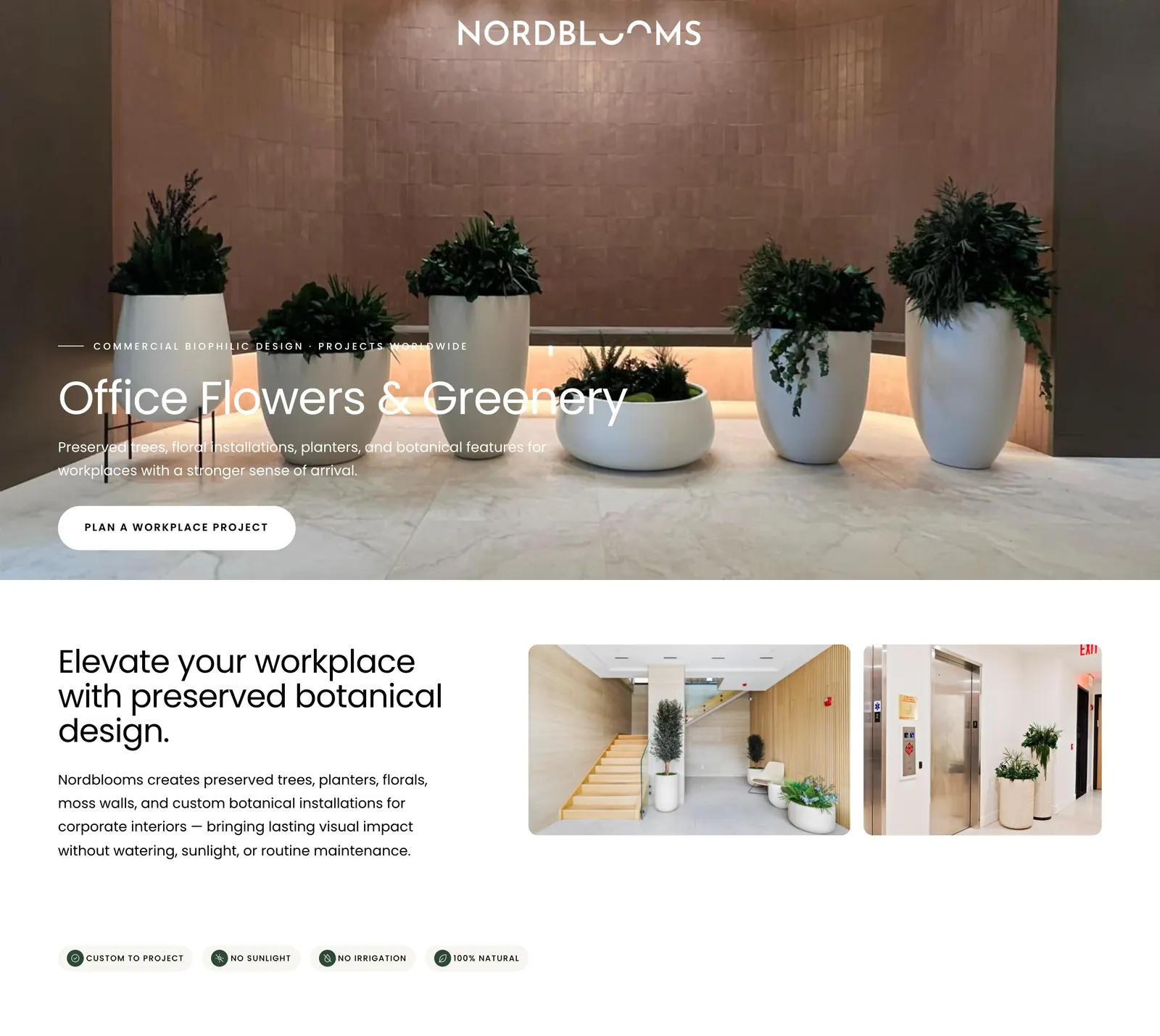 Nordblooms Office Flowers and Greenery landing page with a lobby of preserved planters, an intro with two photographs and four feature pills