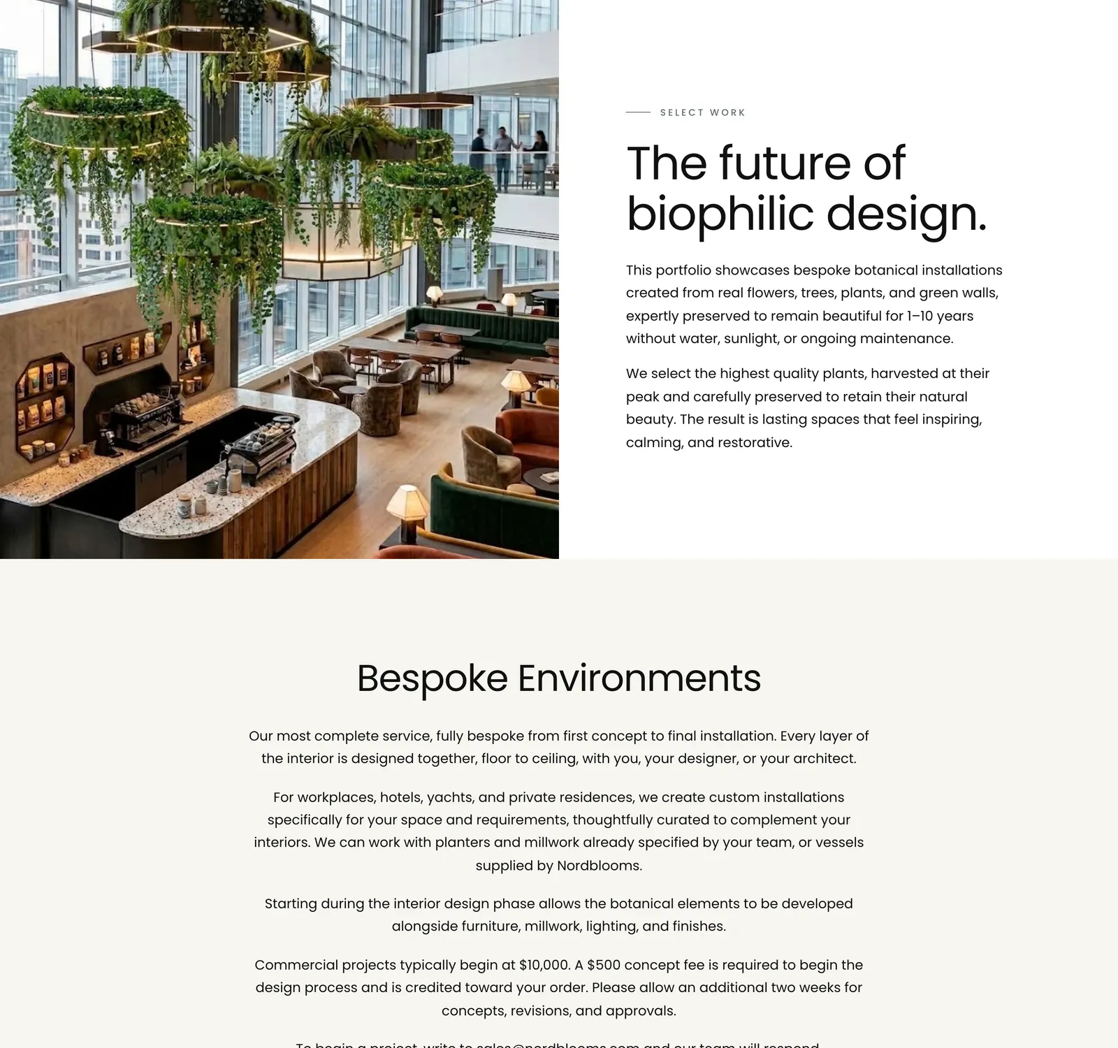 Nordblooms gallery page opening with a biophilic restaurant installation beside the heading The future of biophilic design, then a Bespoke Environments quote form