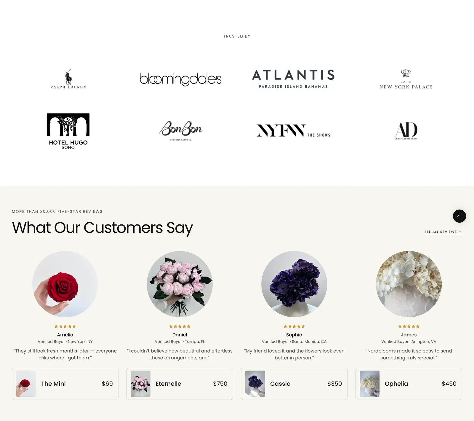 Nordblooms homepage logo wall above customer reviews, each review with a circular photo, stars and a linked product card