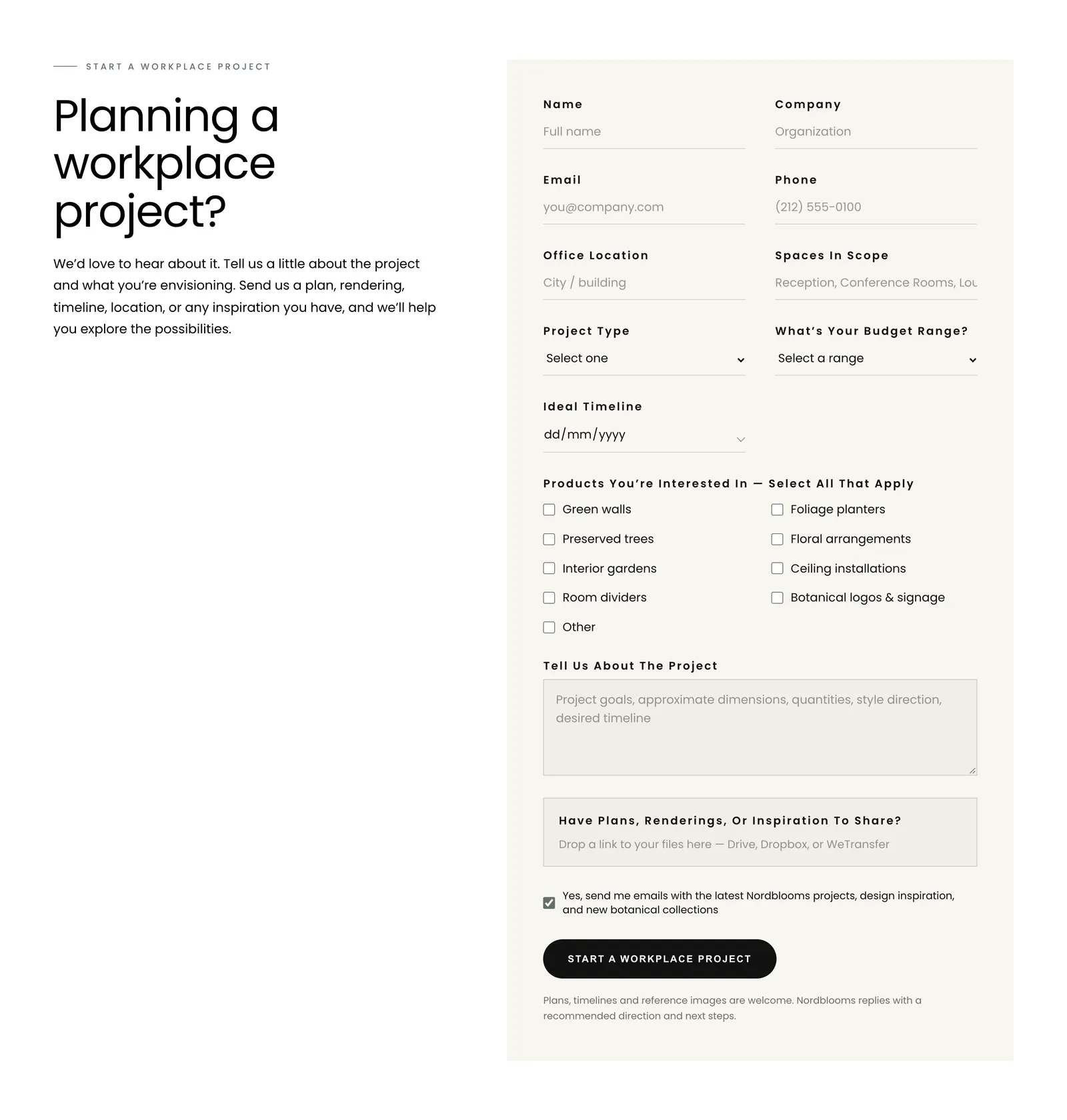 Nordblooms workplace project inquiry form with company, office location, scope, project type, budget range, timeline and product checkboxes