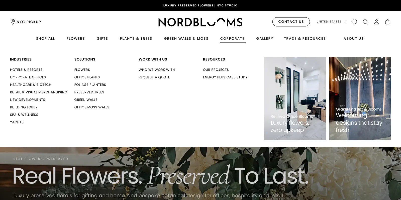 Nordblooms desktop mega menu open on Corporate, with Industries, Solutions, Work With Us and Resources columns beside two image cards