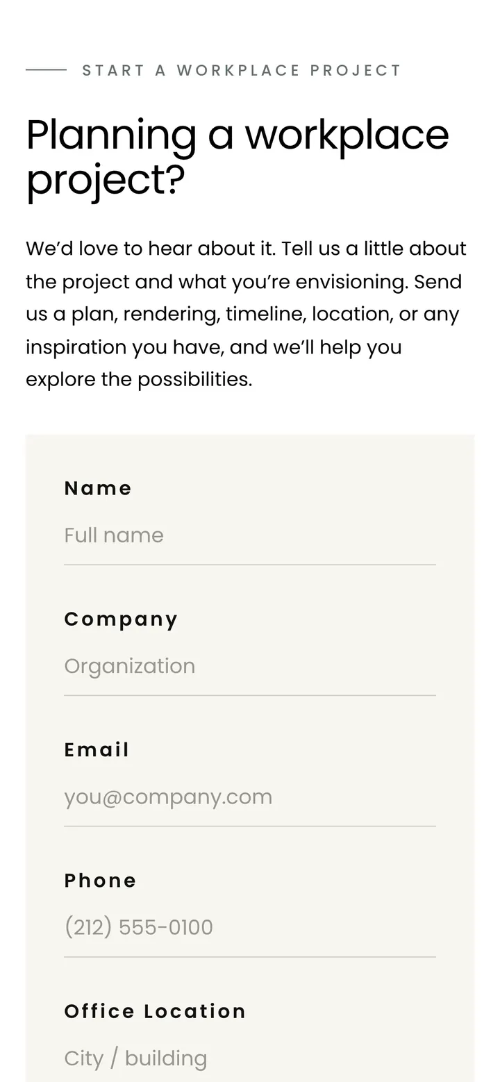 Nordblooms workplace project inquiry form on a phone