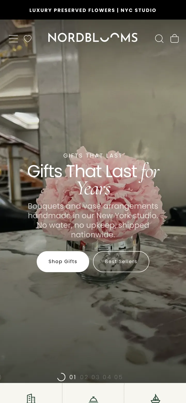 Nordblooms homepage on a phone with the hero headline Gifts That Last for Years