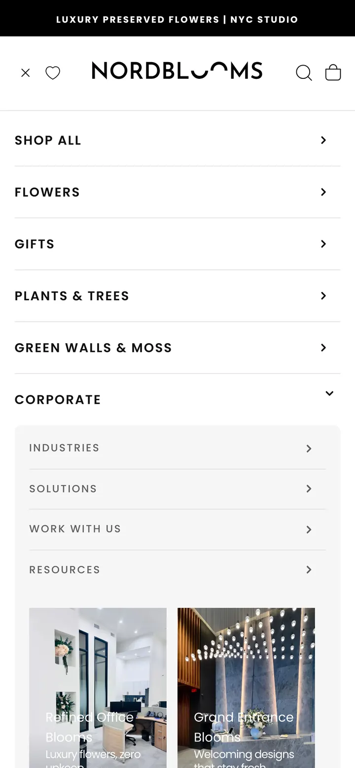 Nordblooms mobile menu with the Corporate panel open on Industries, Solutions, Work With Us and Resources