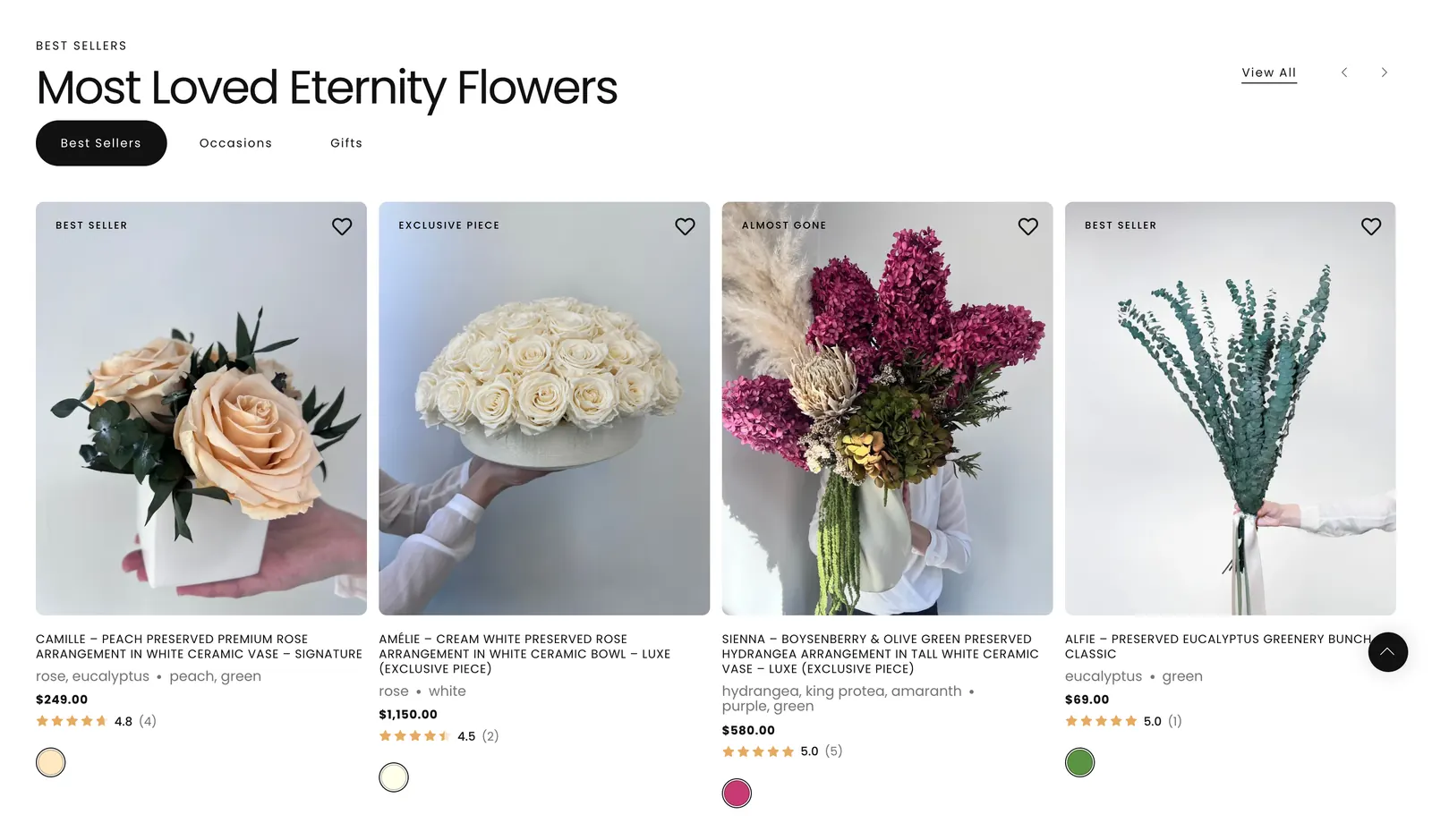 Nordblooms best sellers row: product cards with tag badges, wishlist hearts, star ratings with review counts and colour swatches
