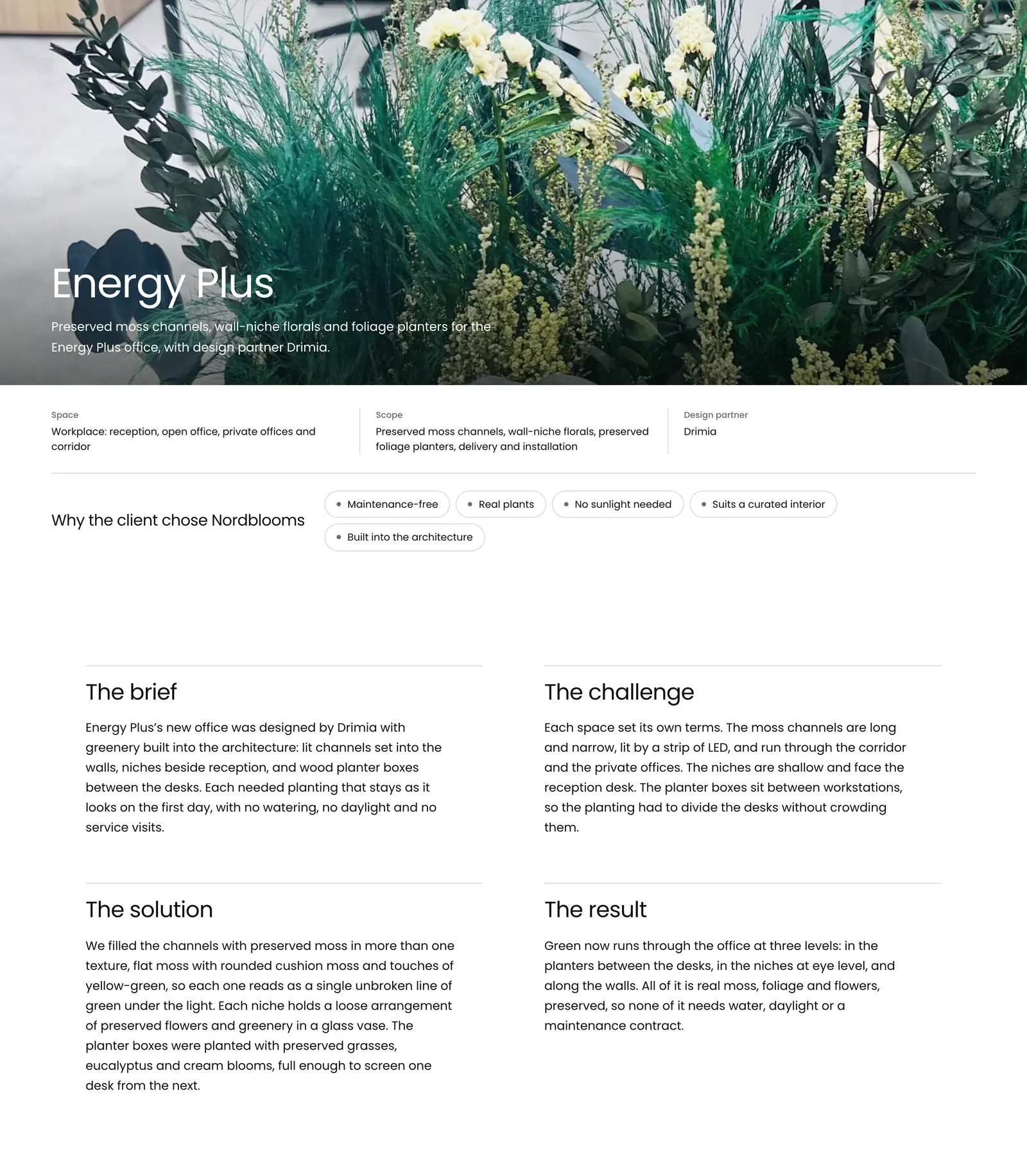Nordblooms Energy Plus case study page: preserved moss and florals hero, project facts, reasons the client chose Nordblooms and the brief in four passages