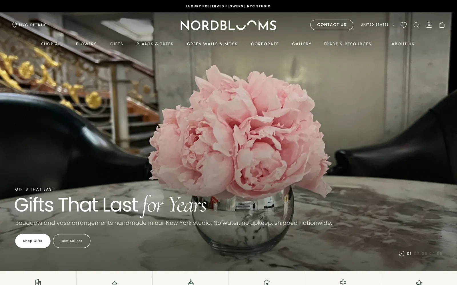 Nordblooms homepage hero: a pink preserved peony arrangement on a marble table under the headline Gifts That Last for Years