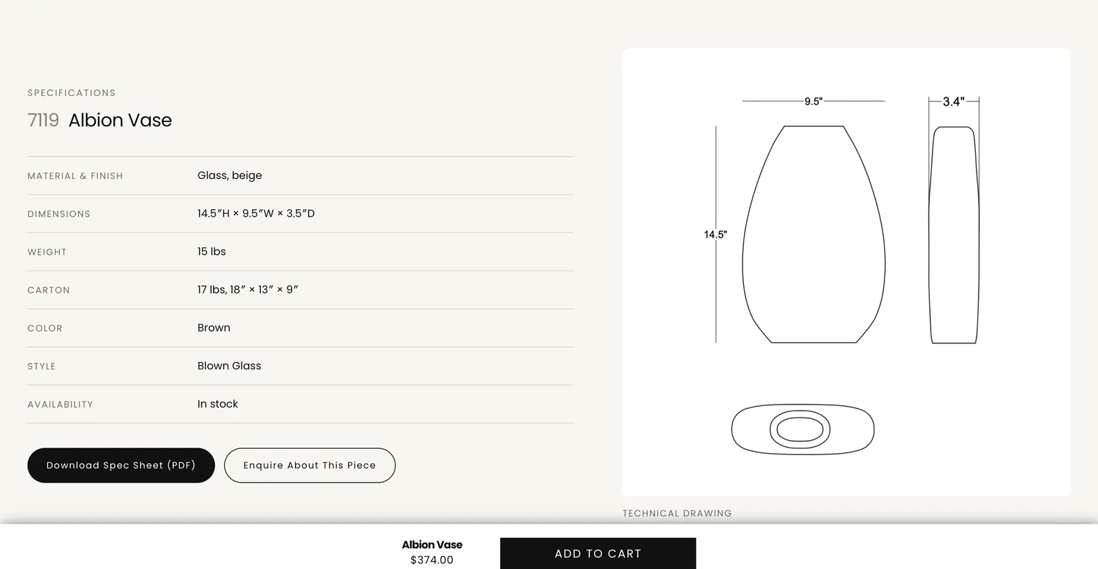 Nordblooms vase specification band listing material, dimensions, weight and carton beside a technical drawing, with the sticky add to cart bar below