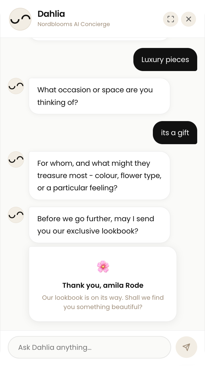 Dahlia chatbot thank you status after lead capture