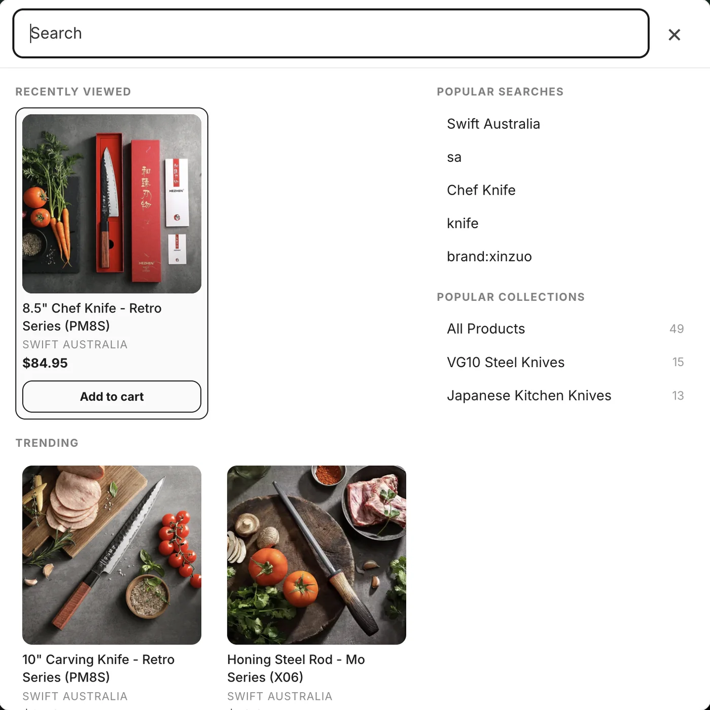SwiftSearch panel on focus showing recently viewed products, trending products, popular searches, and popular collections