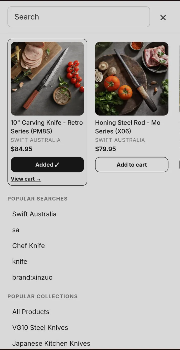 SwiftSearch mobile full-screen search panel with a product added to cart showing an Added confirmation and View cart link