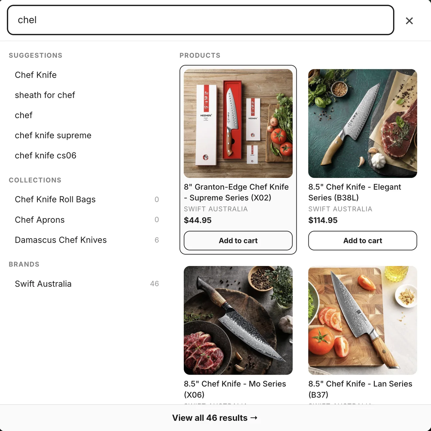 SwiftSearch storefront search panel resolving the misspelled query "chel" into chef knife products, suggestions, collections, and brands